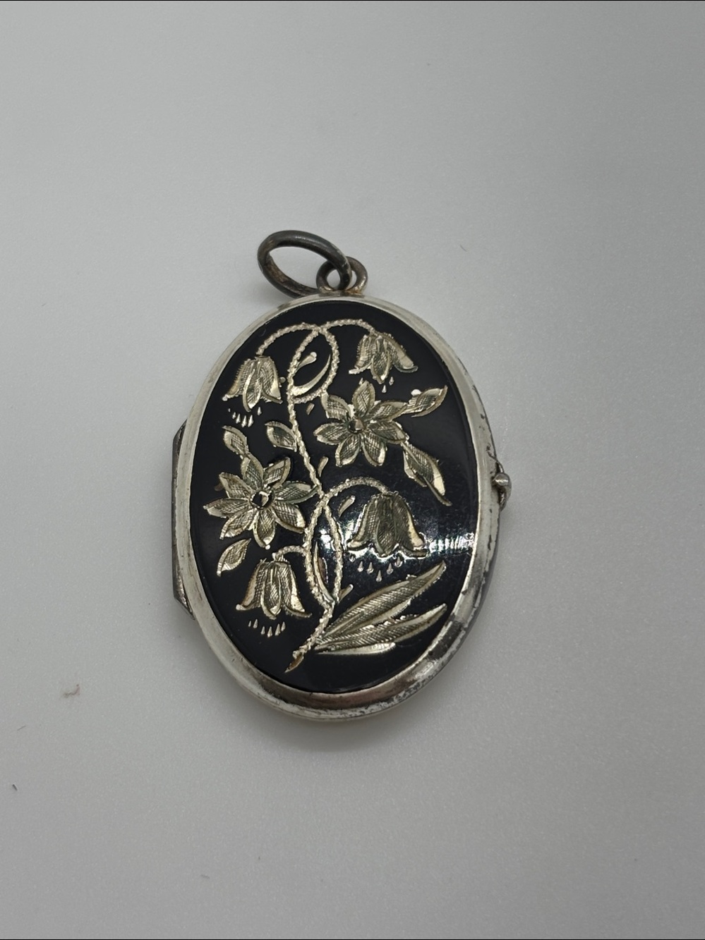 Vintage 835 Silver Floral Locket Pendant Black Enamel Antique Victorian Style
